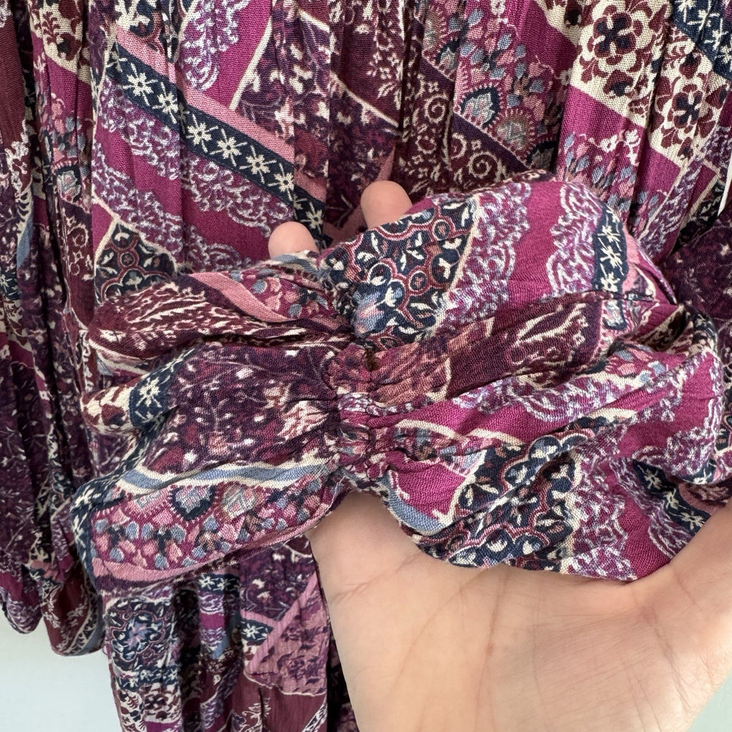 NWT Aura Shop Red Dress XS Purple Boho Patchwork Smocked Long Sleeve Mini Dress