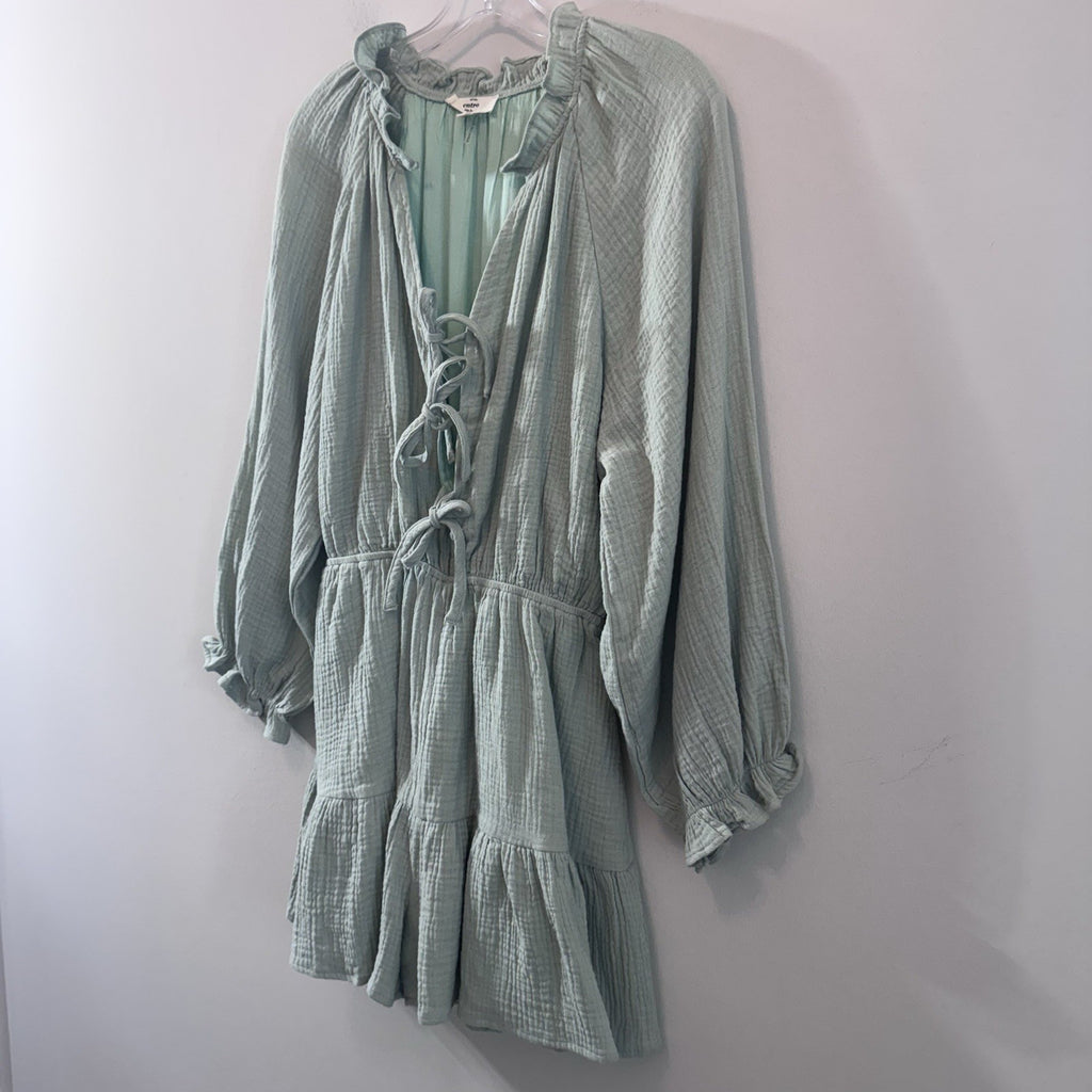 Entro Mint Gauze Romper Dress M Boho Tie Front Tiered Cotton