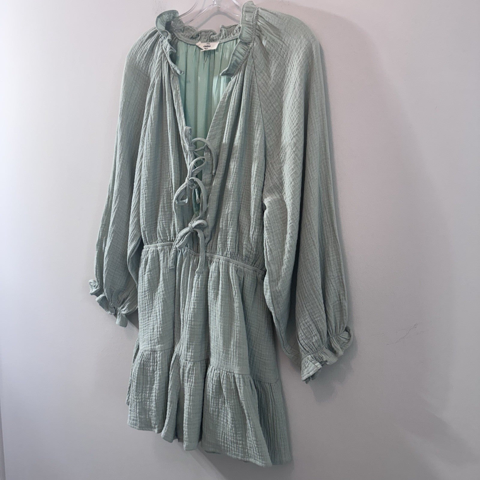 Entro Mint Gauze Romper Dress M Boho Tie Front Tiered Cotton