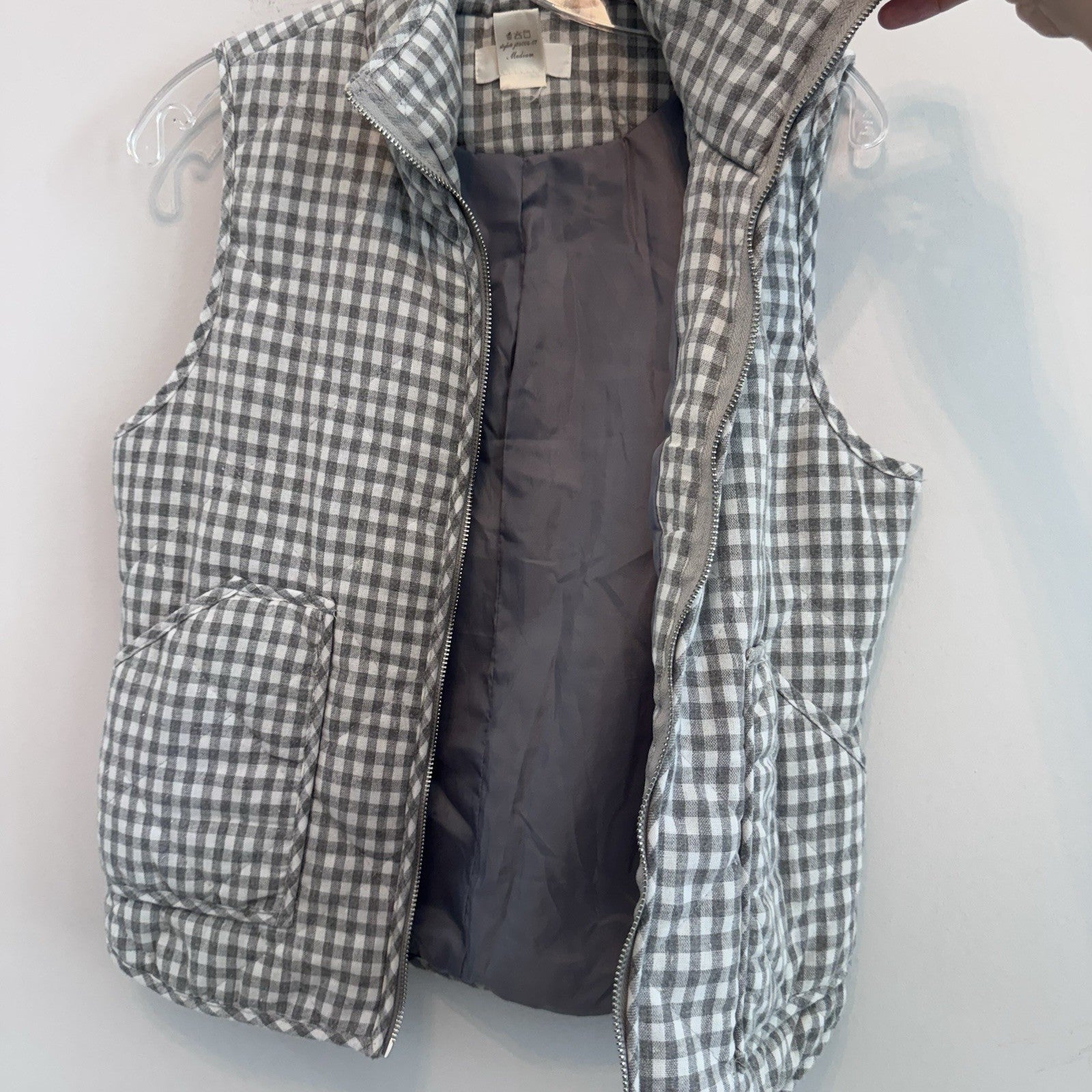 Peach Love Gingham Puffer Vest Womens M Gray Cottagecore Zip