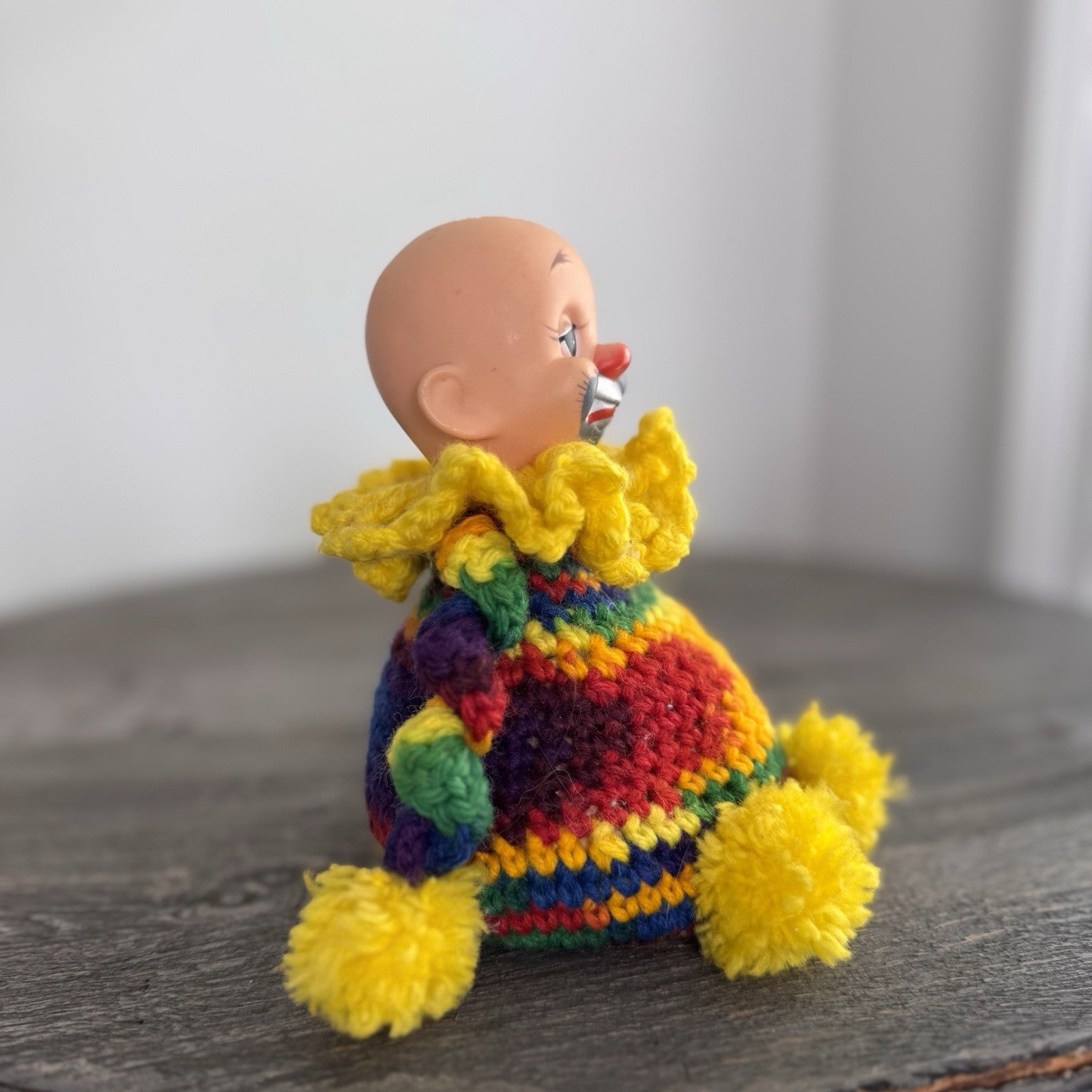 Vintage Sad Clown Crochet Pom Pom Doll Rainbow 6" Mid Century Handmade Folk Art
