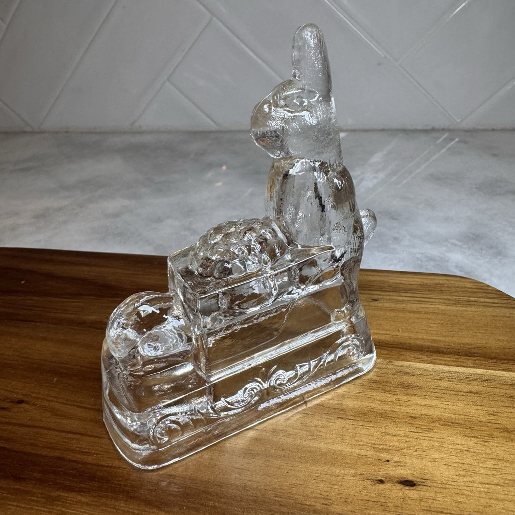 Vintage Clear Pressed Glass Bunny Rabbit Figurine Pushing Cart Wheelbarrow