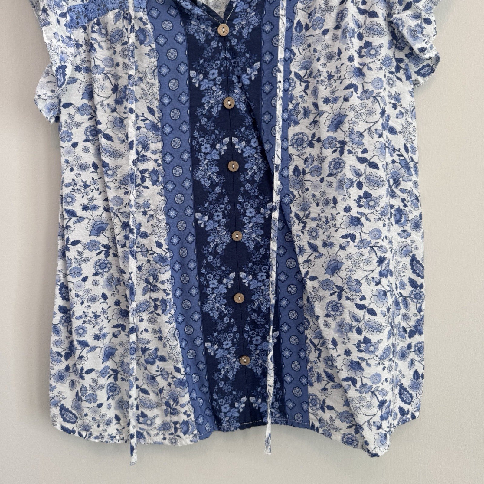 Blu Pepper Floral Patchwork Boho Top Women Medium Blue Cottagecore