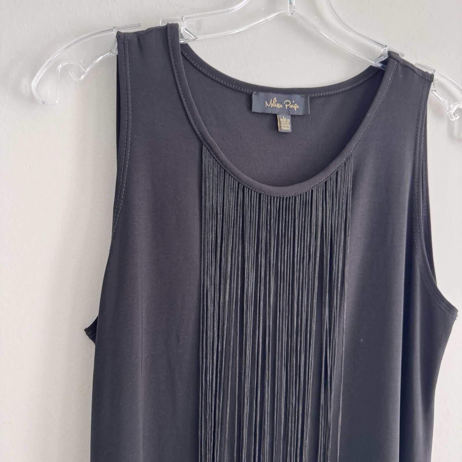 Melissa Paige Fringe Tunic Top L Black Sleeveless Boho Western