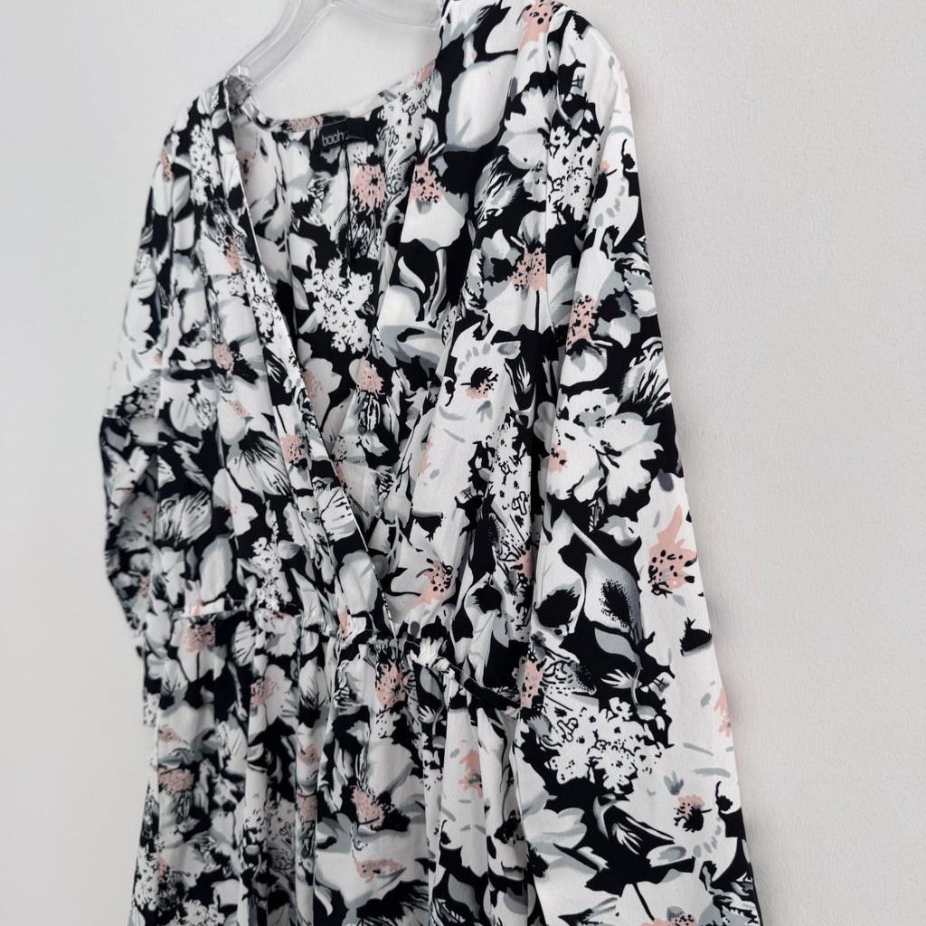 Boohoo Floral Wrap Romper US 8 Black White Pink Long Sleeve NWOT