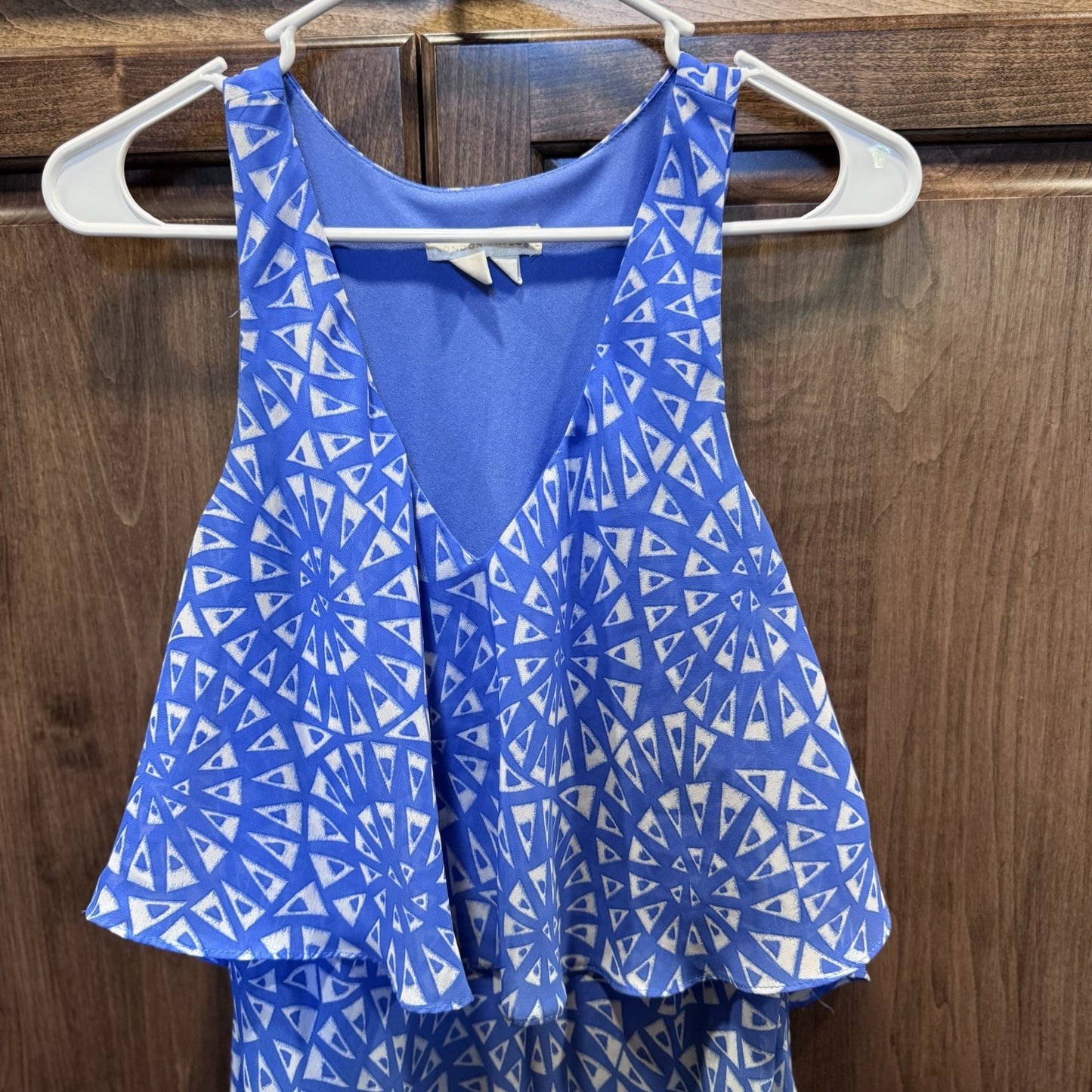 London Times Women’s Blue Geometric Print Sleeveless Dress Size 4