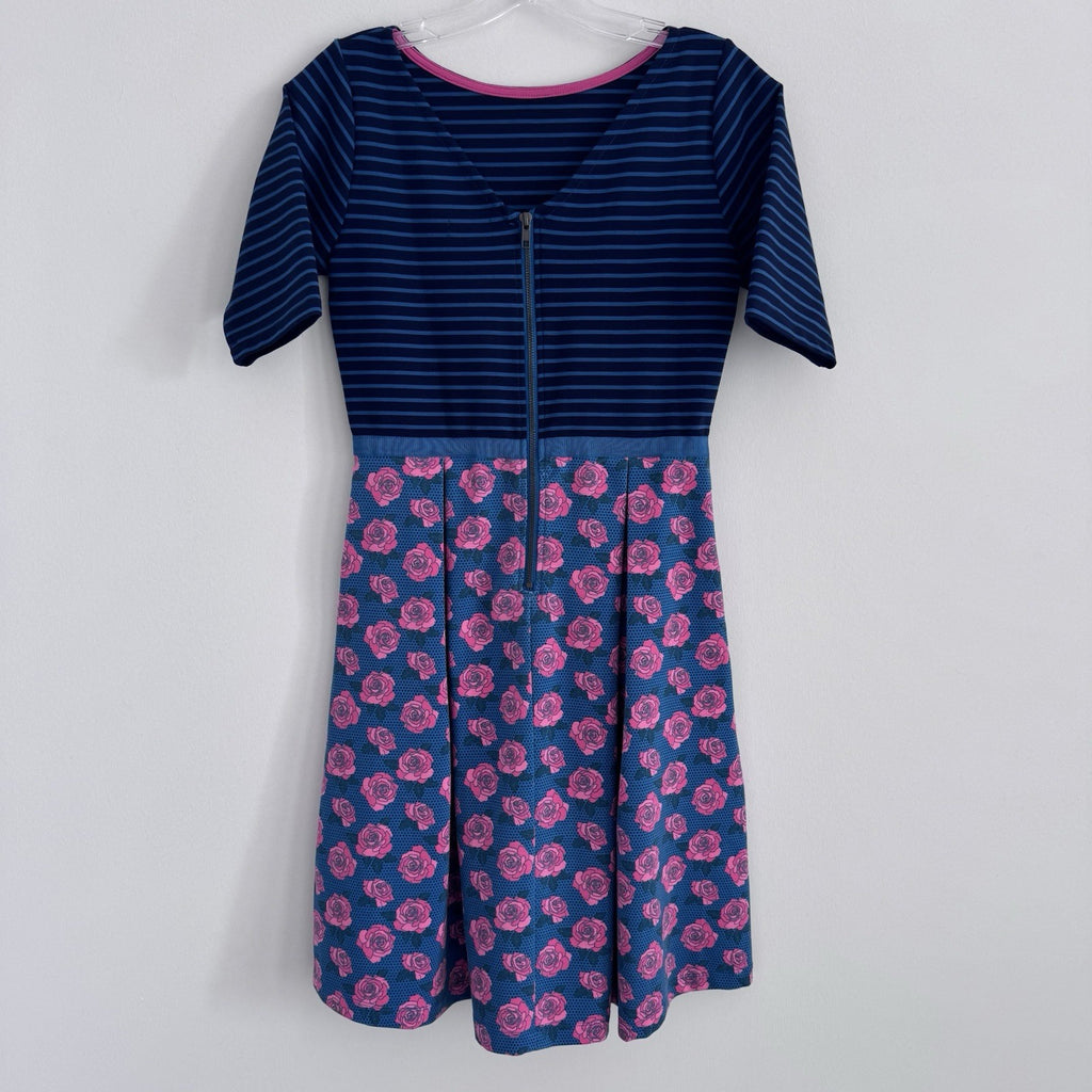 Matilda Jane Small Dress Blue Pink Floral Striped Modest Fit & Flare Pockets
