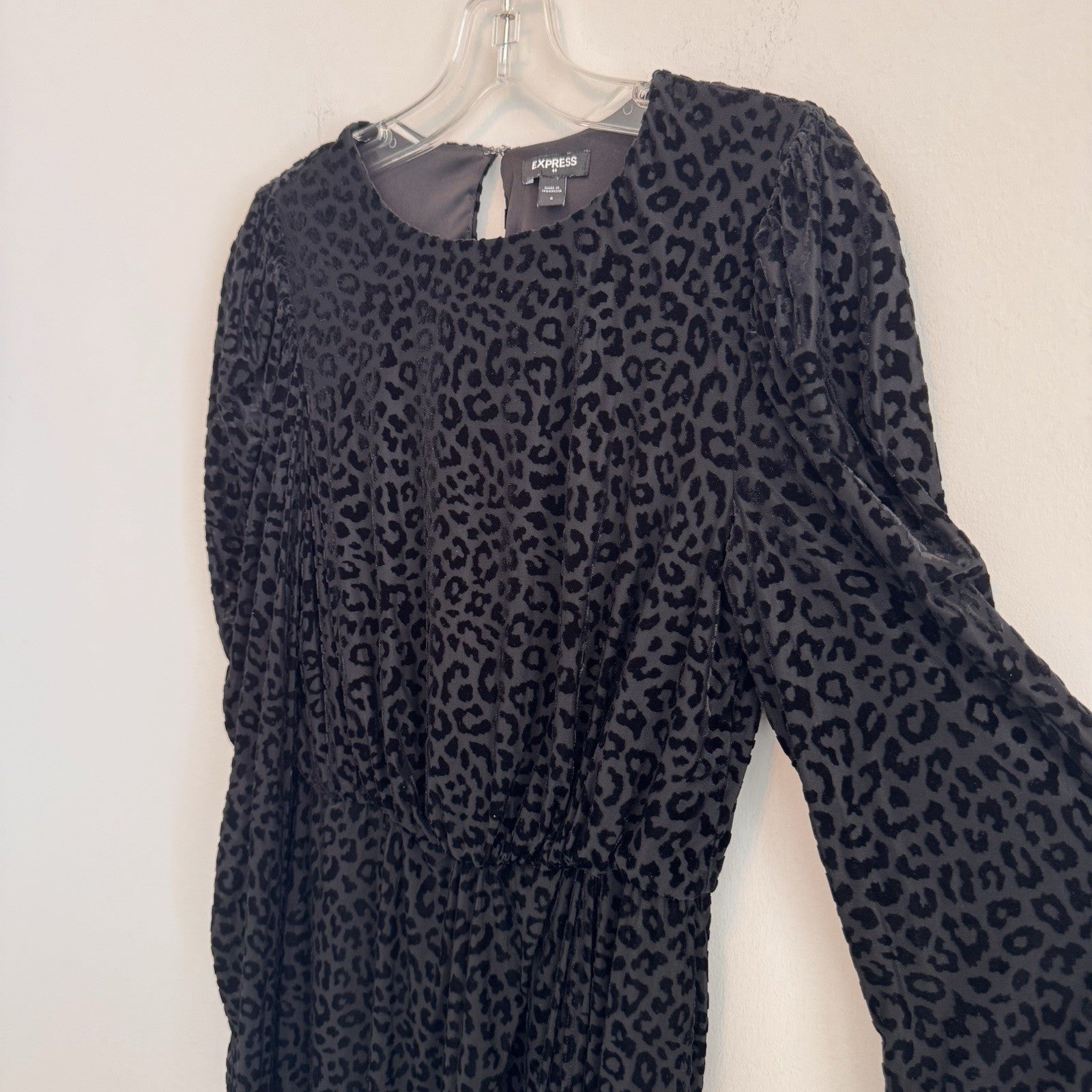 Express Women Small S Leopard Print Burnout Velvet Dress Puff Sleeve Mob Wife