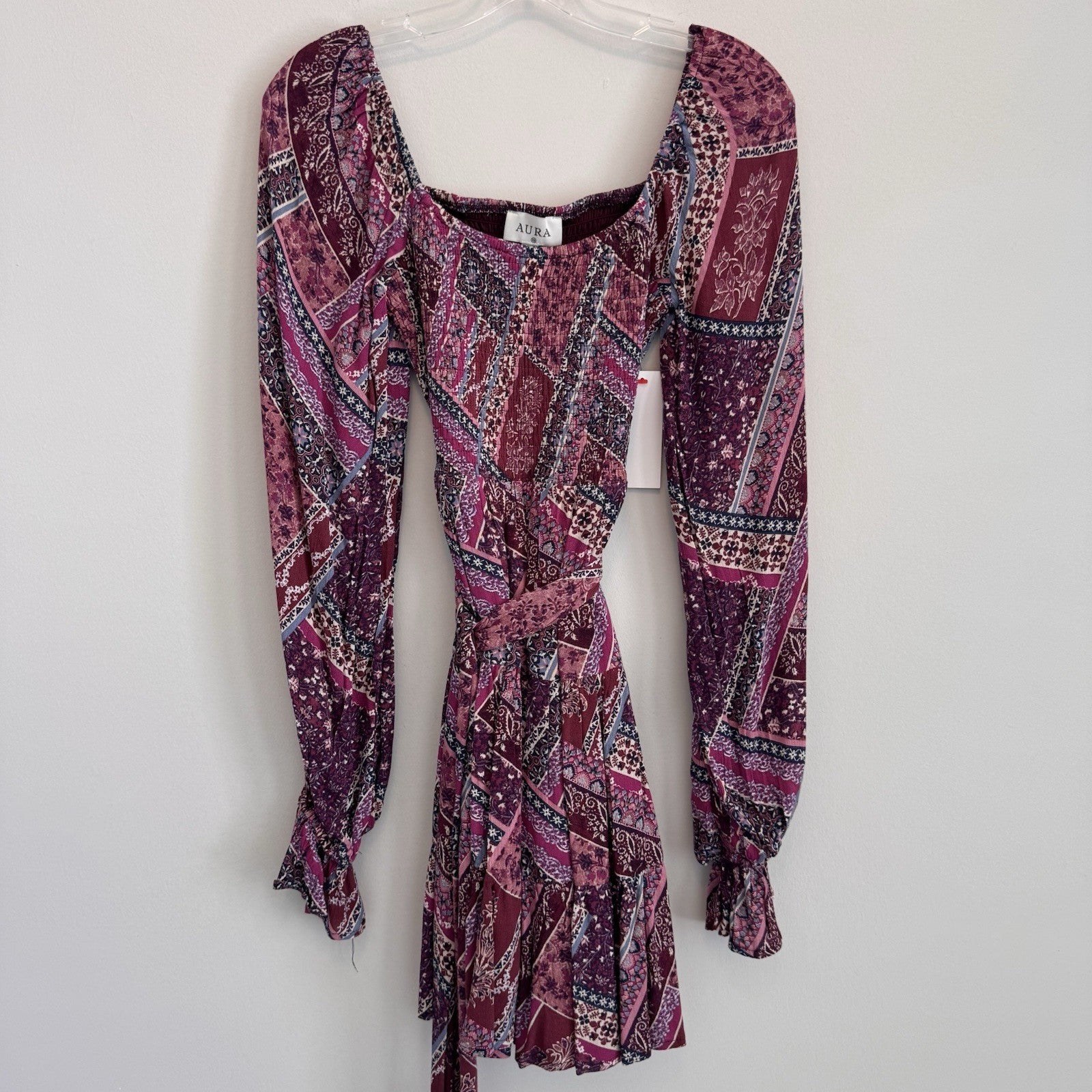 NWT Aura Shop Red Dress XS Purple Boho Patchwork Smocked Long Sleeve Mini Dress