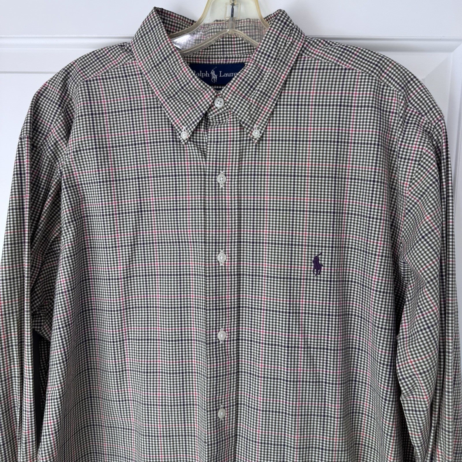 Ralph Lauren Men’s Blue Plaid Button Down Shirt Size XL 17.5 Custom Fit Cotton