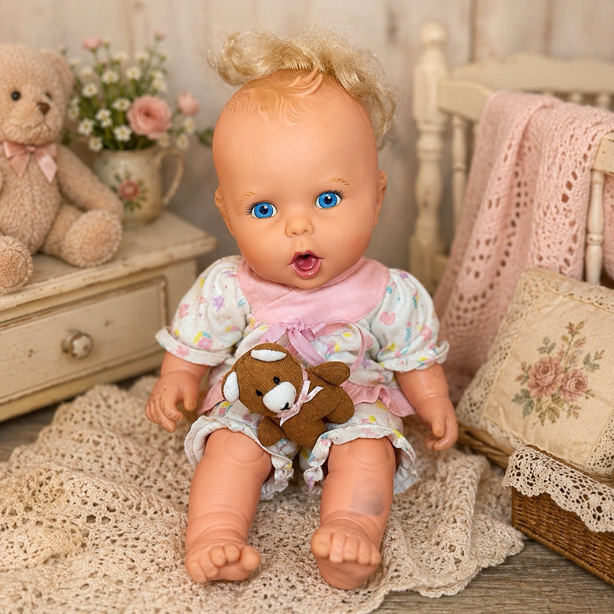 Vintage 1994 Gerber Toy Biz Baby Doll 15” Blonde Blue Eyes Teddy Bear Outfit VTG