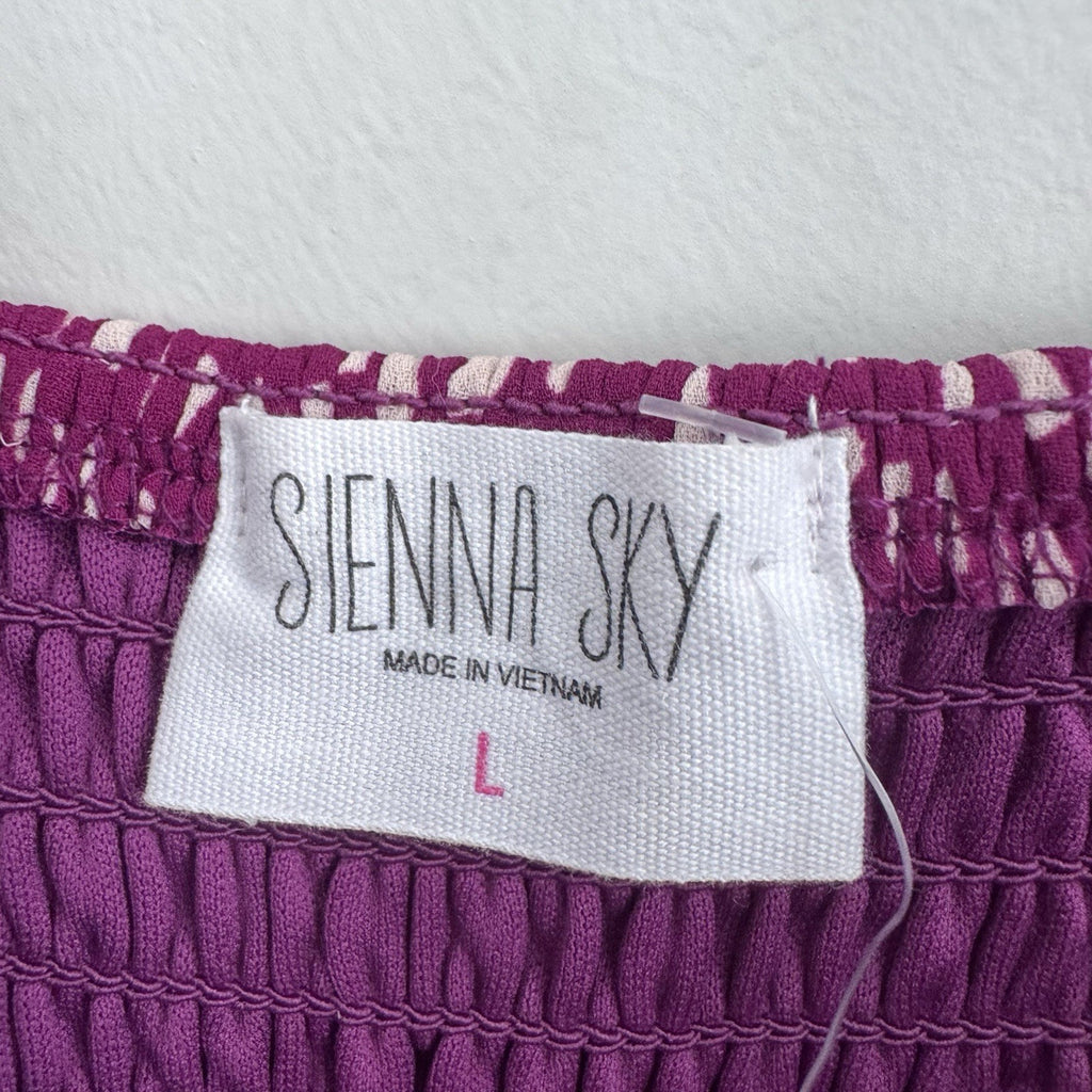 Sienna Sky Dress L Magenta White Print Ruffle Strap Midi Lined NWT