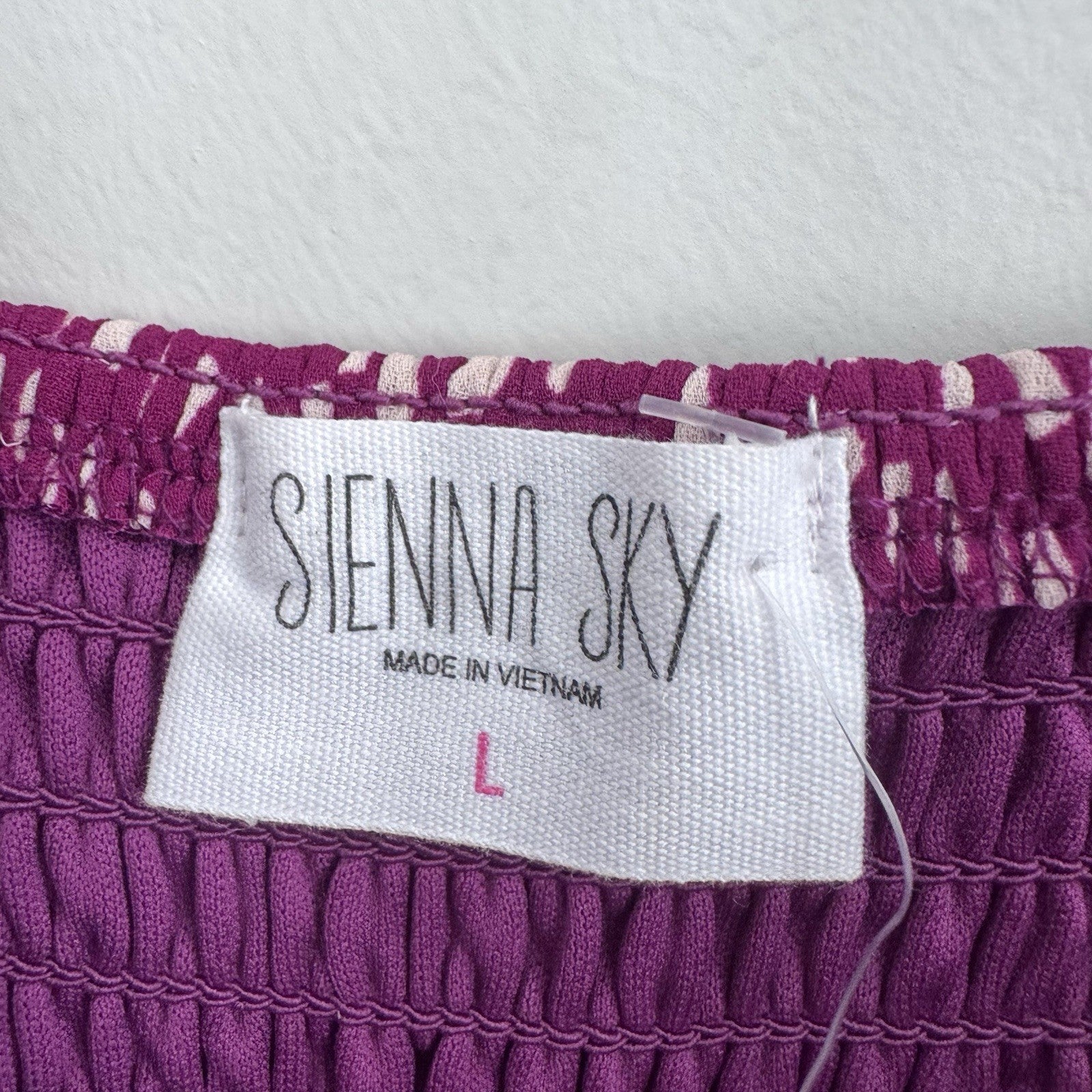 Sienna Sky Dress L Magenta White Print Ruffle Strap Midi Lined NWT
