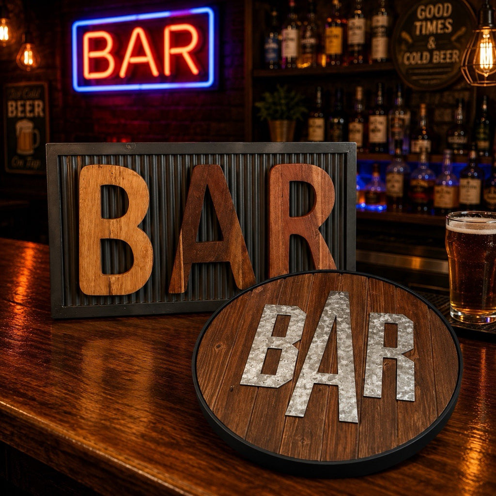 Rustic BAR Wall Decor Set Farmhouse Wood & Metal Bar Signs Man Cave 2 Piece
