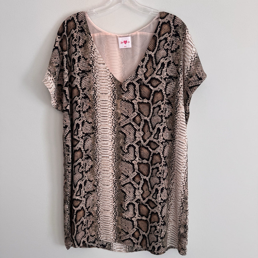 Buddy Love Snake Print Shift Dress Medium Pink Tan V-Neck Lined Women’s