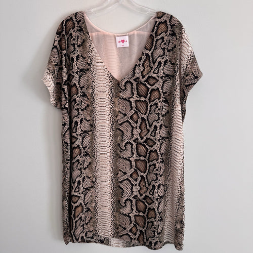 Buddy Love Snake Print Shift Dress Medium Pink Tan V-Neck Lined Women’s
