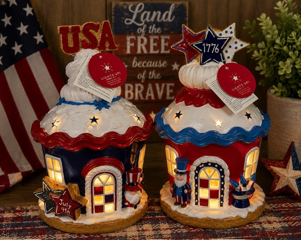Set of 2 Patriotic Light Up Cupcake Houses USA 1776 July 4th Decor
