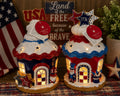 Set of 2 Patriotic Light Up Cupcake Houses USA 1776 July 4th Decor