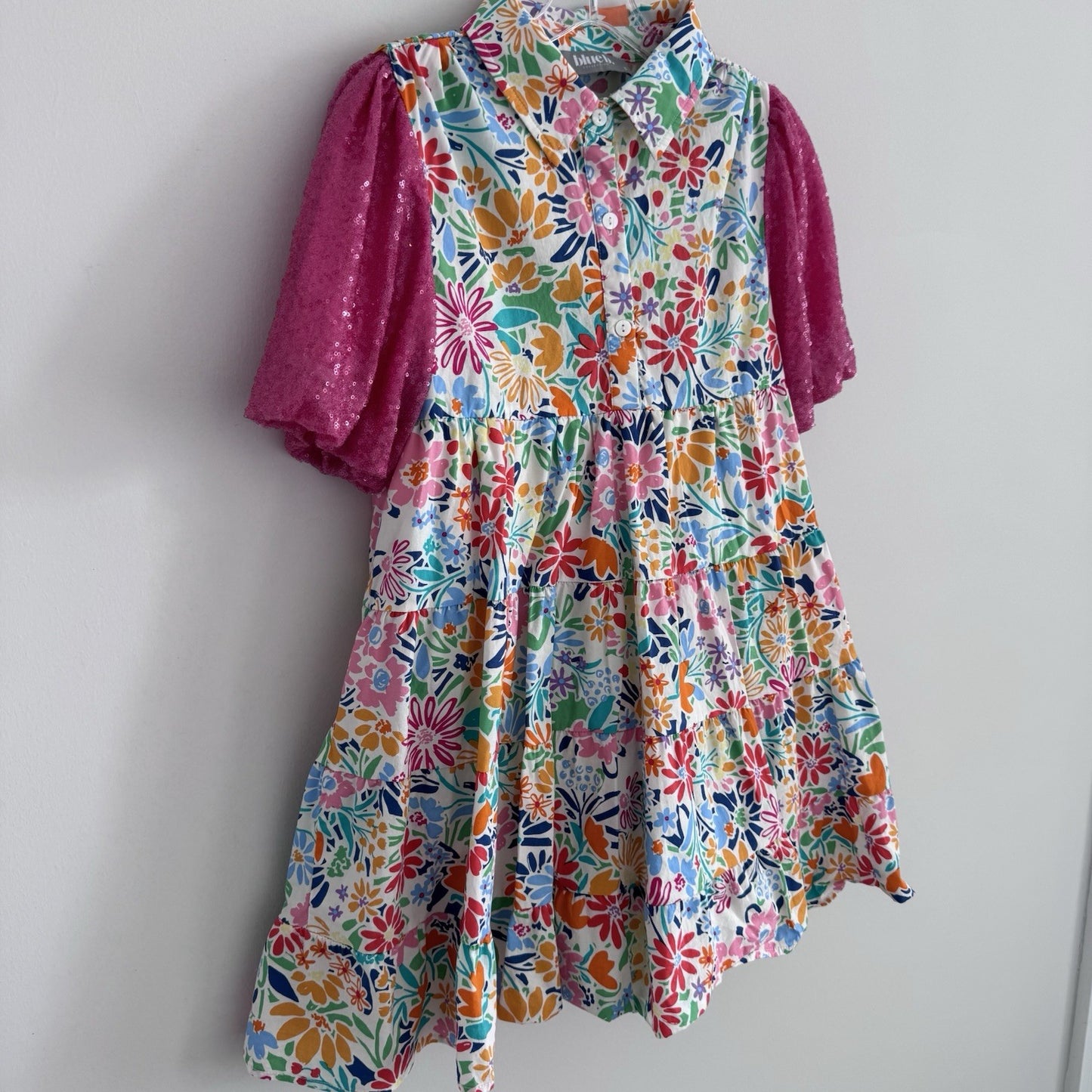 Blue B Collection Small Floral Tiered Dress Pink Sequin Sleeves 
