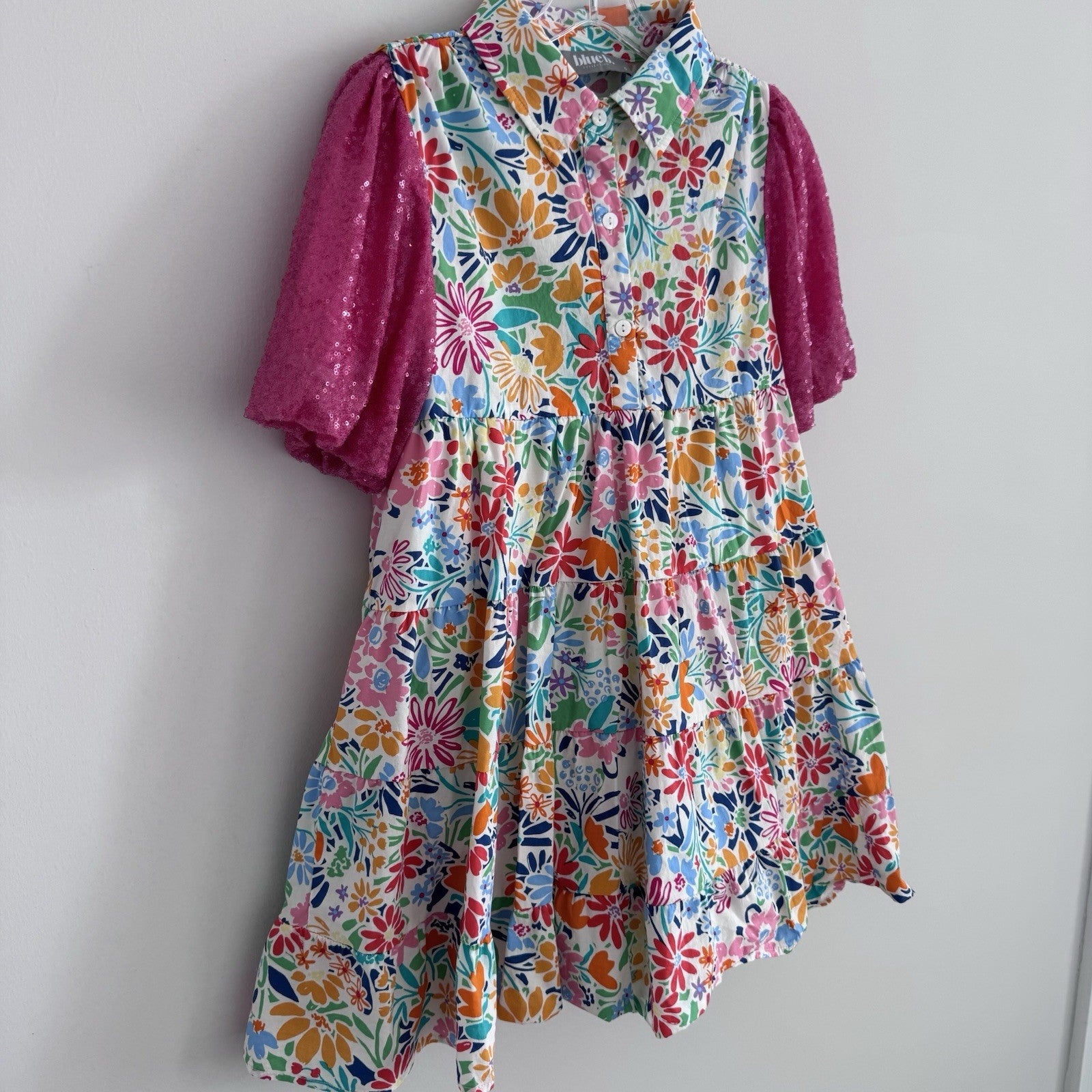 Blue B Collection Small Floral Tiered Dress Pink Sequin Sleeves 