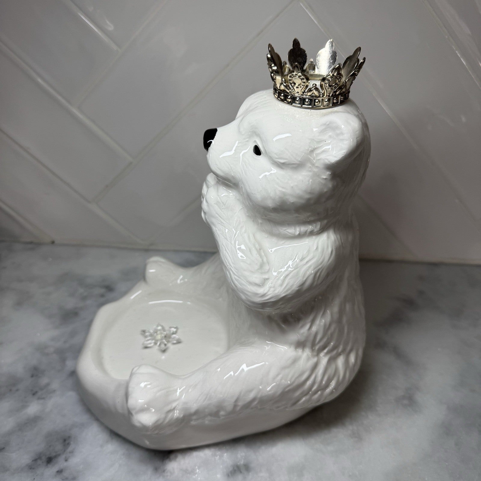 Vintage White Polar Bear Jewelry Dish / Candle Holder w Crown Decor Ceramic