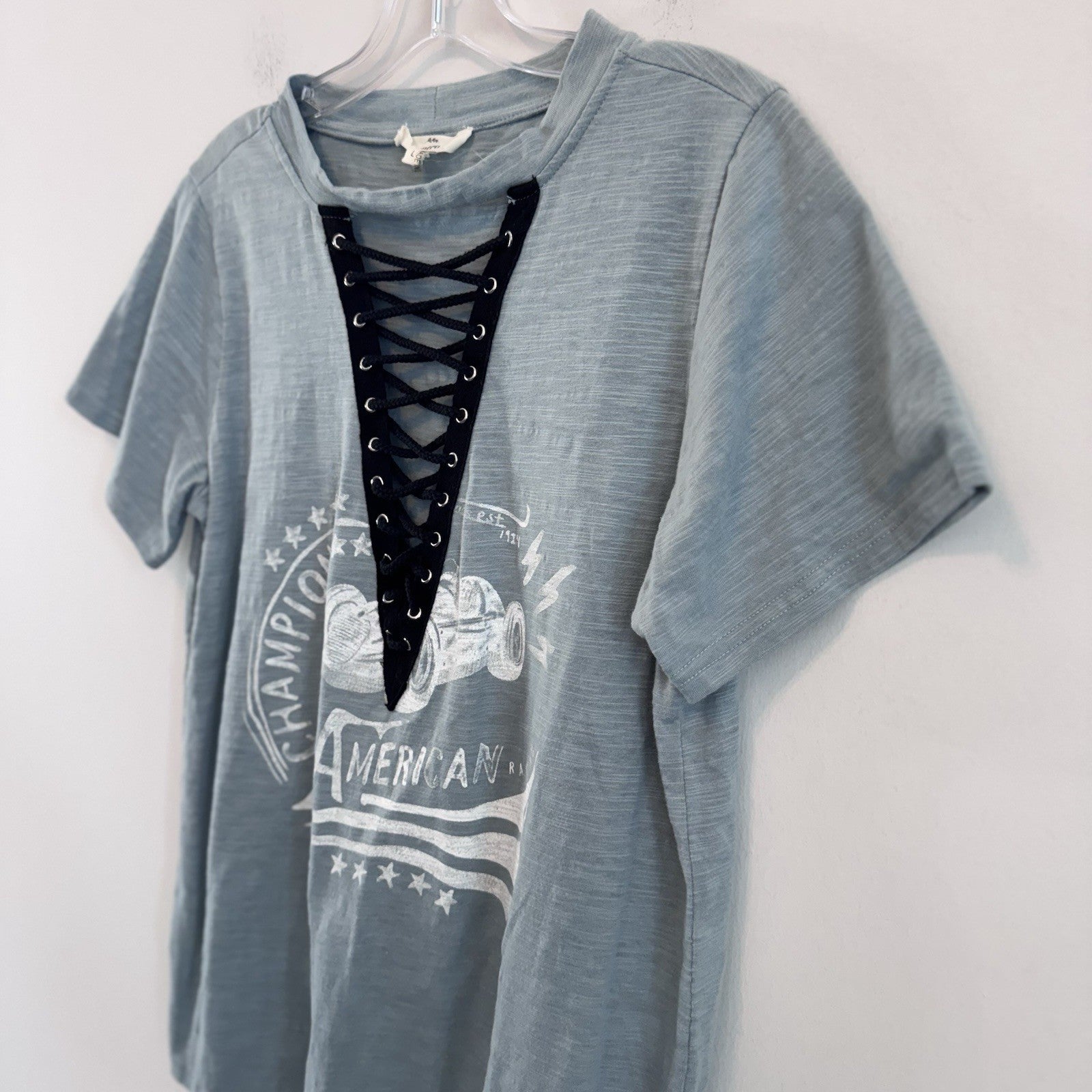 Entro Lace Up Graphic Tee Shirt Women’s L Blue American Racing Y2K