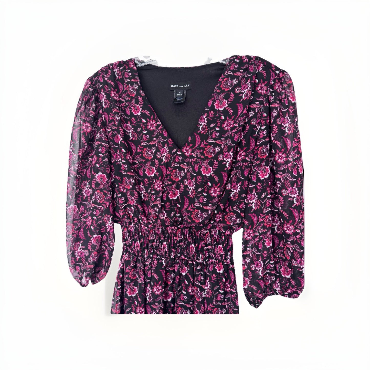 Kate and Lily Floral Midi Dress – Women’s Size 4 – Black & Pink – Long Sleeve