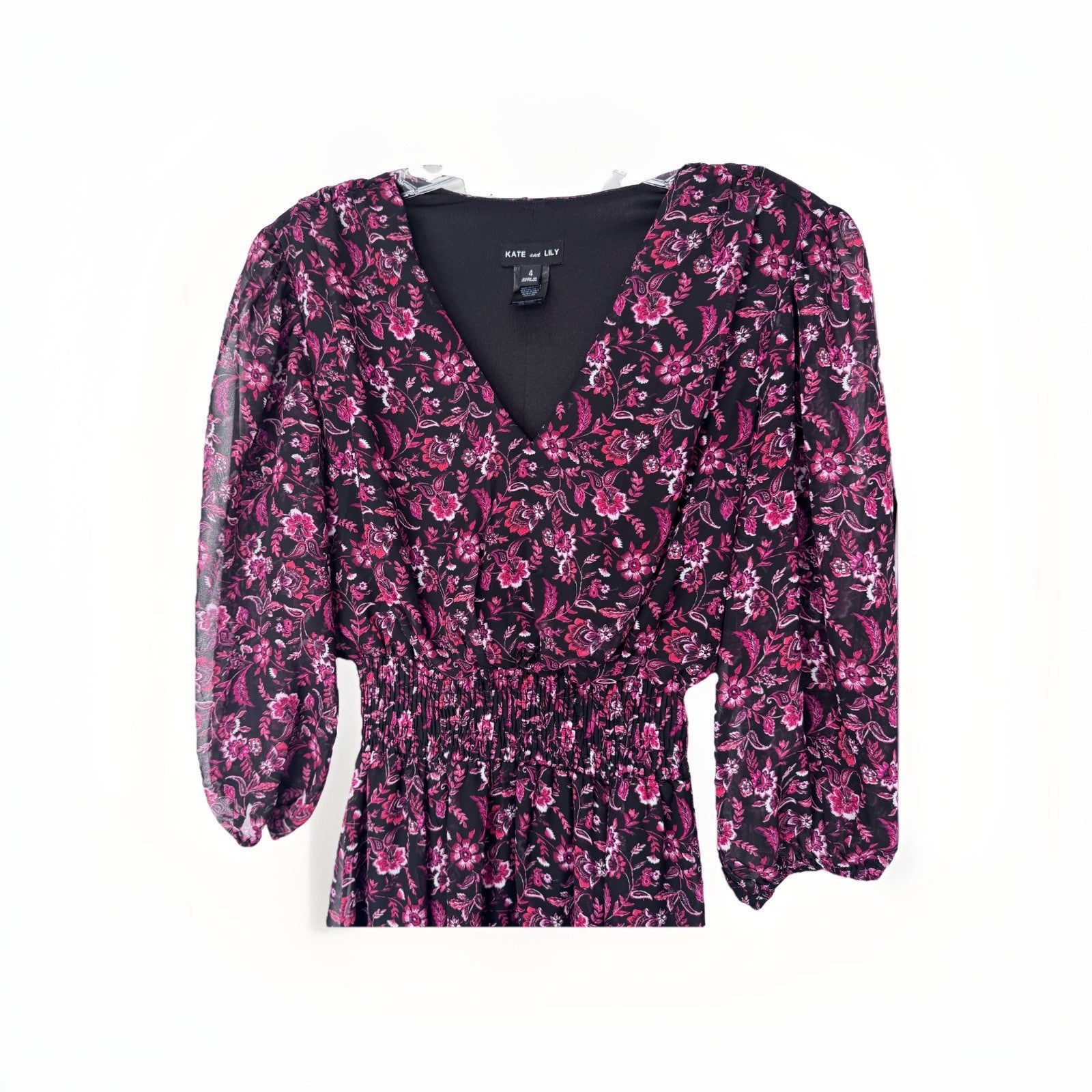 Kate and Lily Floral Midi Dress – Women’s Size 4 – Black & Pink – Long Sleeve