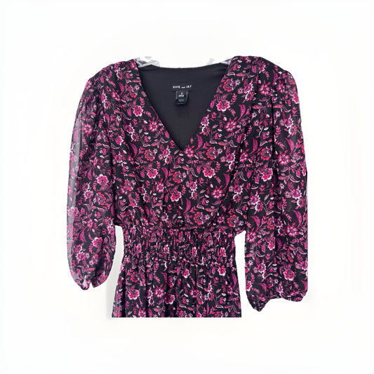 Kate and Lily Floral Midi Dress – Women’s Size 4 – Black & Pink – Long Sleeve