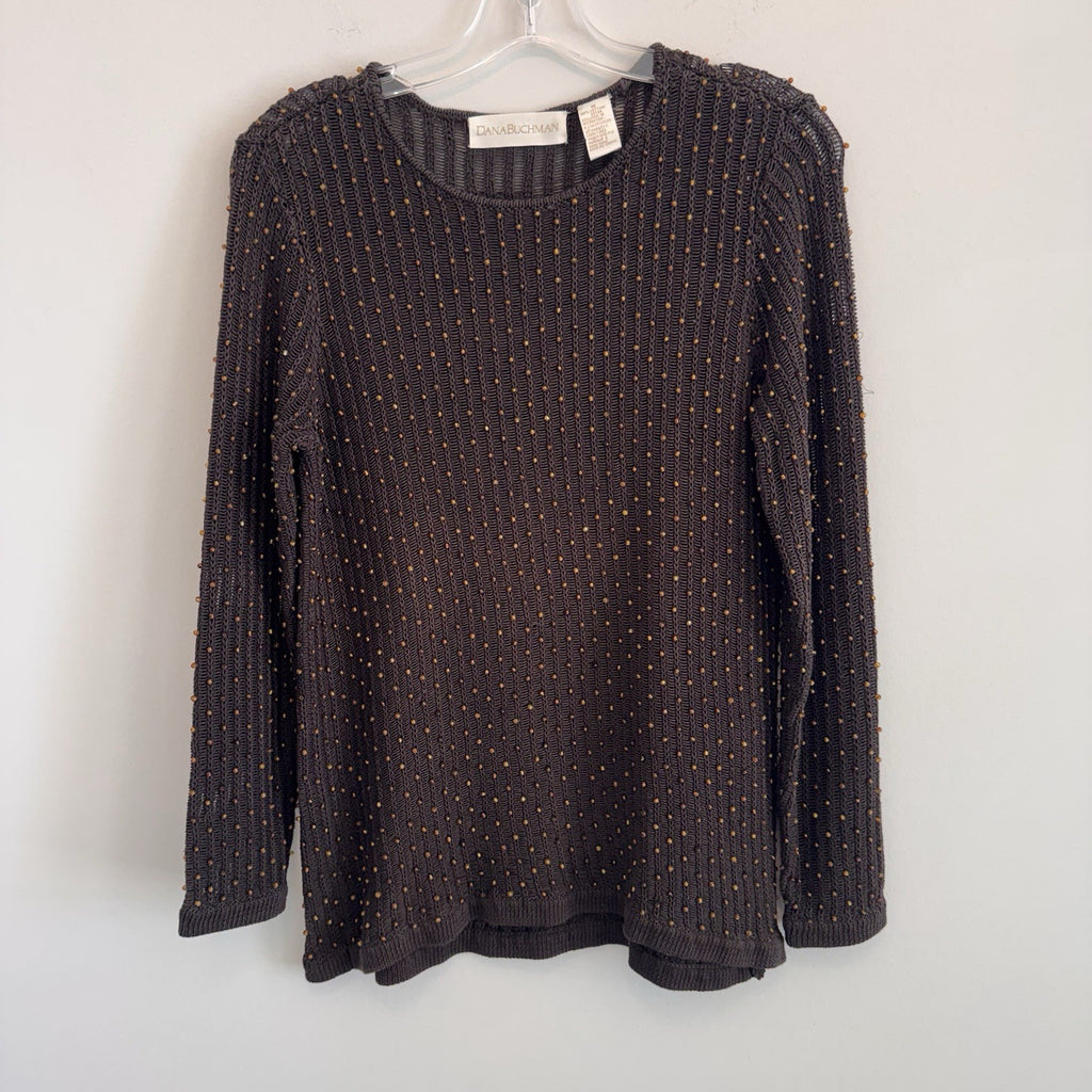 Dana Buchman Womens M Brown Beaded Open Knit Sweater Long Sleeve Crochet