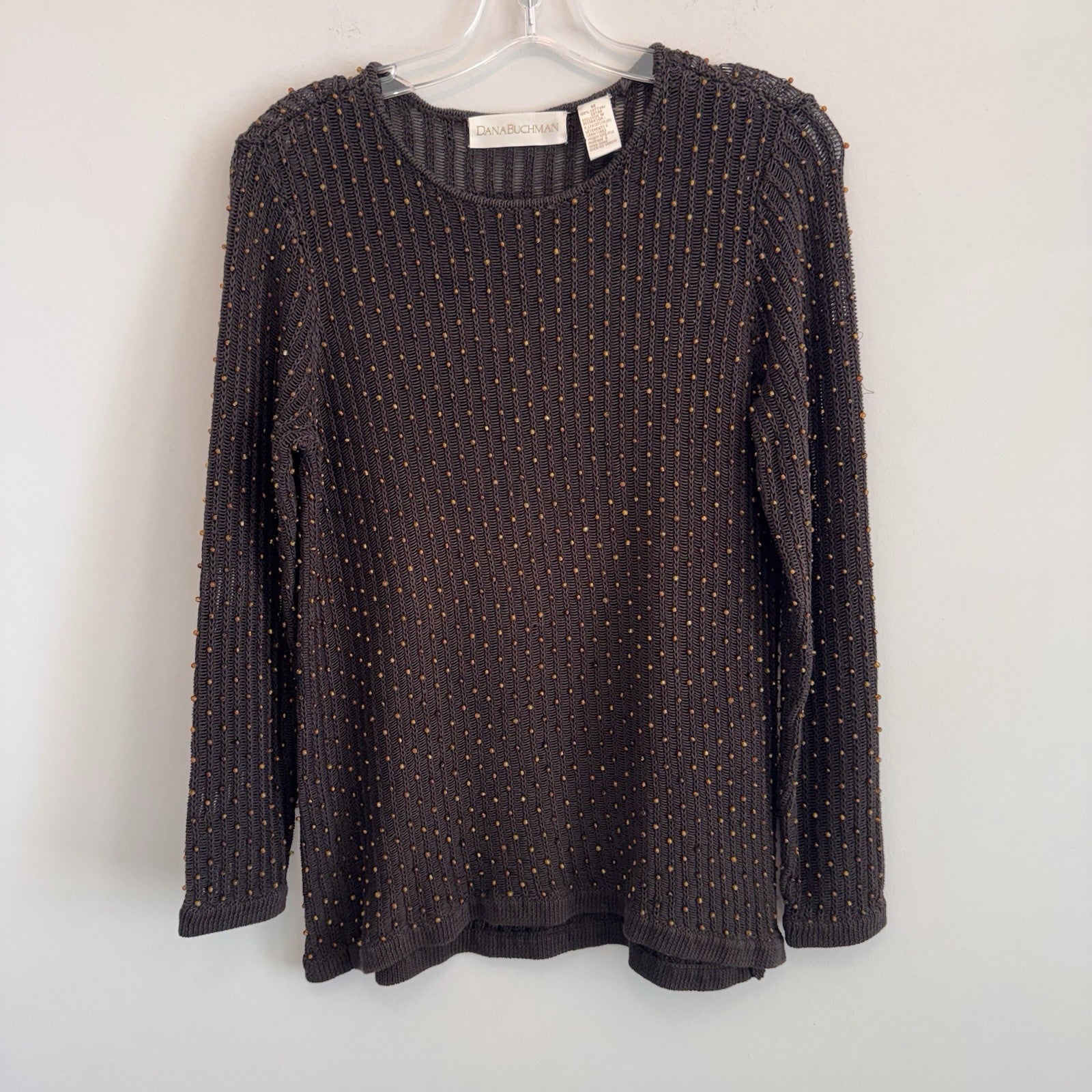 Dana Buchman Womens M Brown Beaded Open Knit Sweater Long Sleeve Crochet