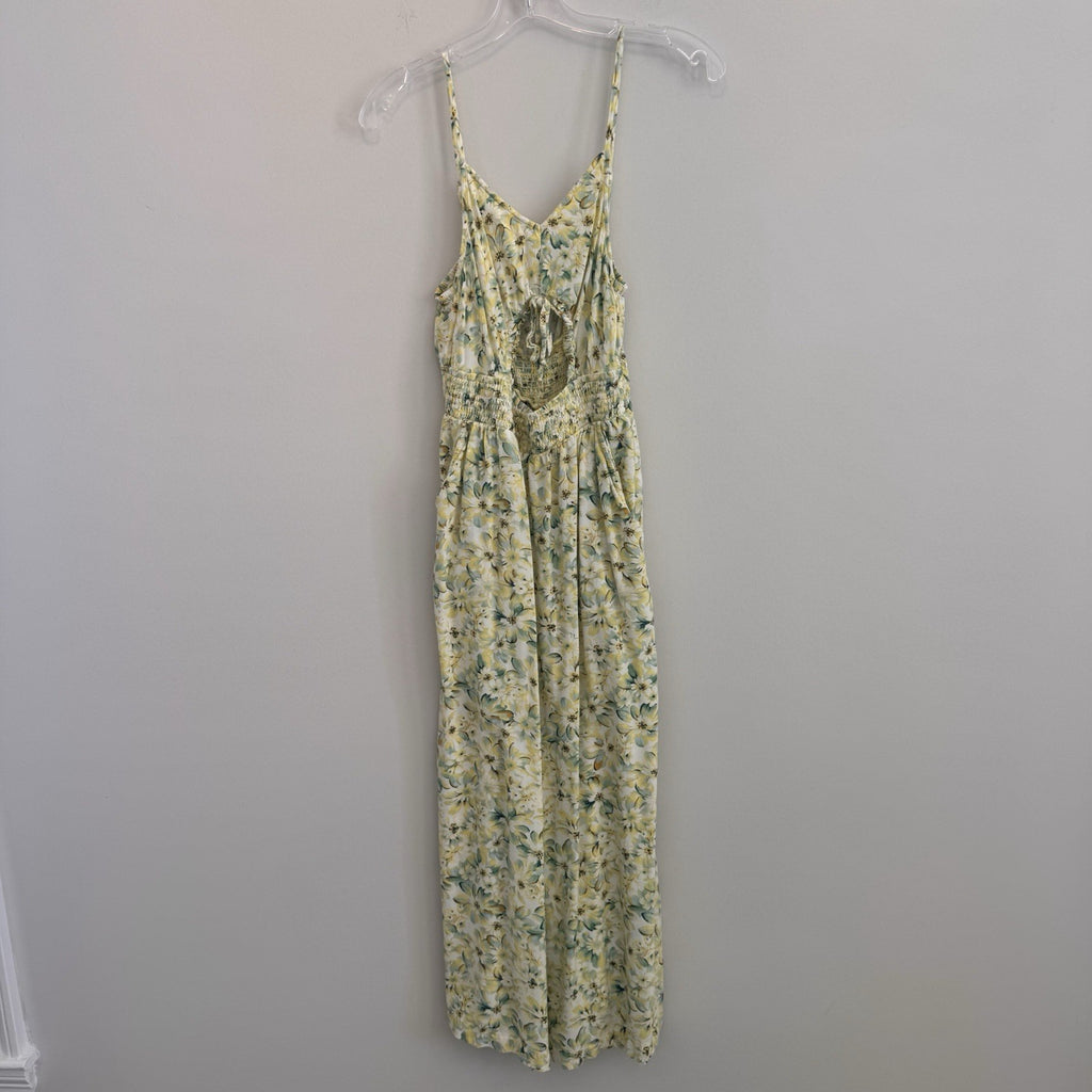 American Eagle Women’s M Petite Floral Cutout Wide Leg Jumpsuit Yellow Green