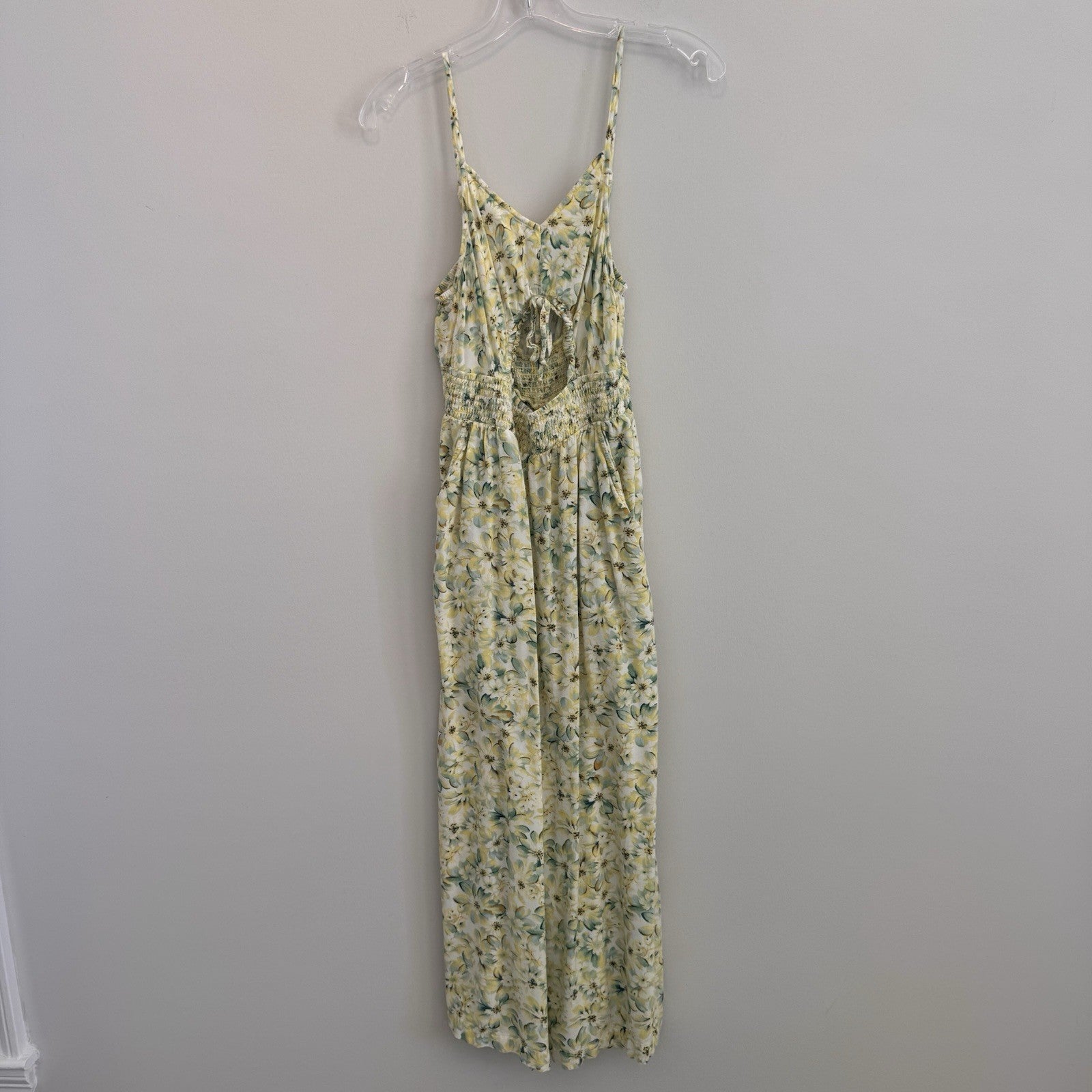 American Eagle Women’s M Petite Floral Cutout Wide Leg Jumpsuit Yellow Green
