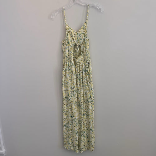American Eagle Women’s M Petite Floral Cutout Wide Leg Jumpsuit Yellow Green