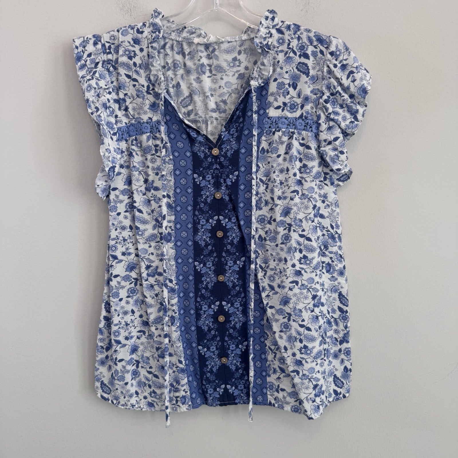 Blu Pepper Floral Patchwork Boho Top Women Medium Blue Cottagecore