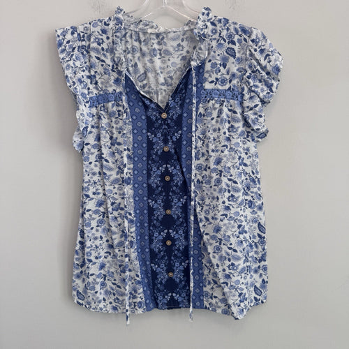 Blu Pepper Floral Patchwork Boho Top Women Medium Blue Cottagecore