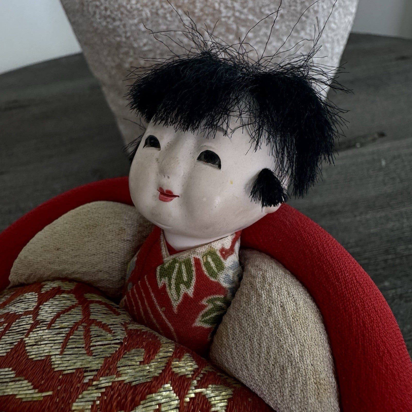 Vintage Japanese Woven Basket Doll Pincushion Geisha Silk Brocade Made in Japan