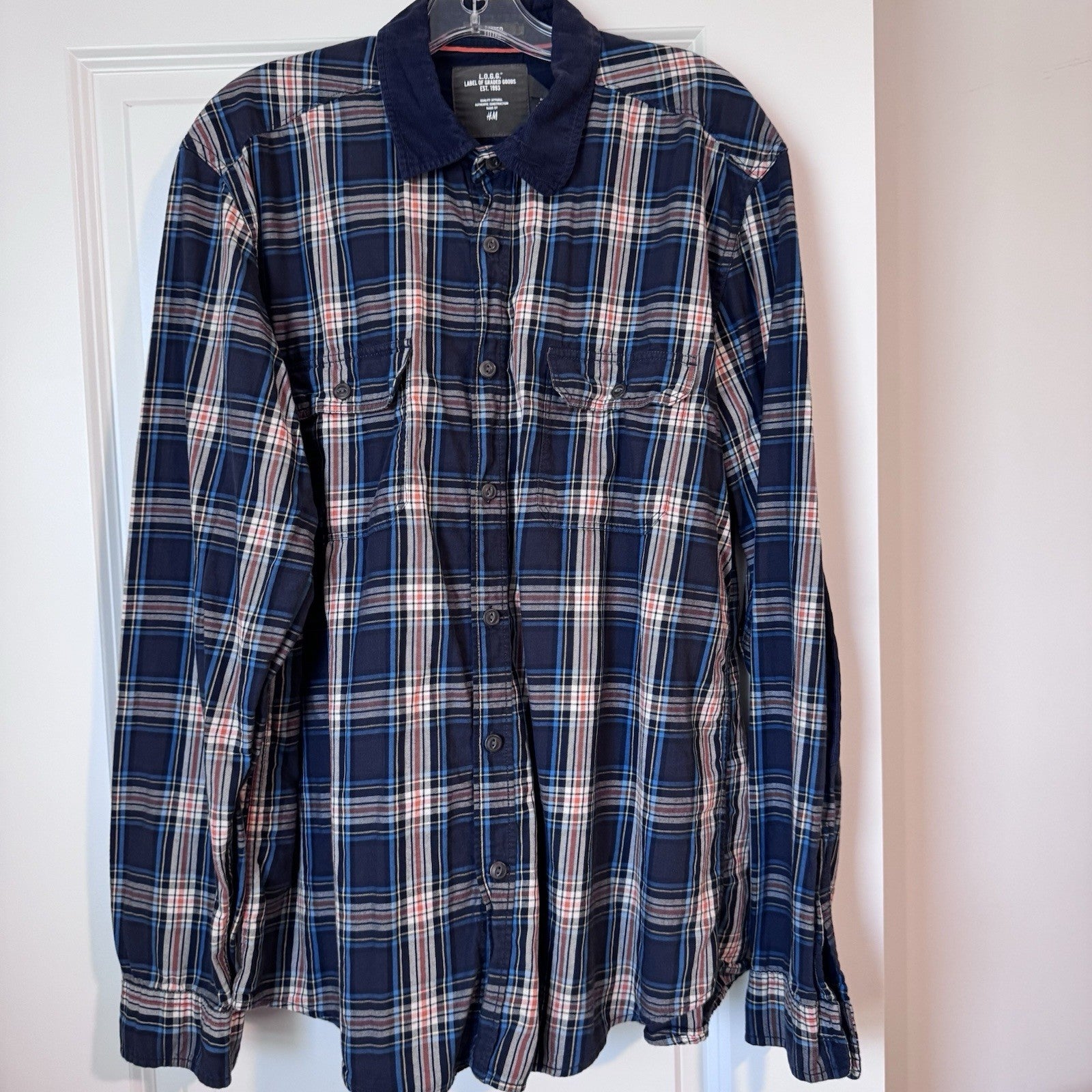 H&M LOGG Plaid Flannel Shirt Men’s XL Fitted 100% Cotton Navy Blue Check
