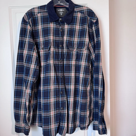 H&M LOGG Plaid Flannel Shirt Men’s XL Fitted 100% Cotton Navy Blue Check
