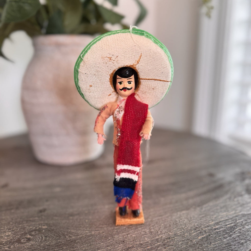 Vintage Mexican Souvenir Doll Mariachi Charro 7.5" Sombrero Serape Wood Base