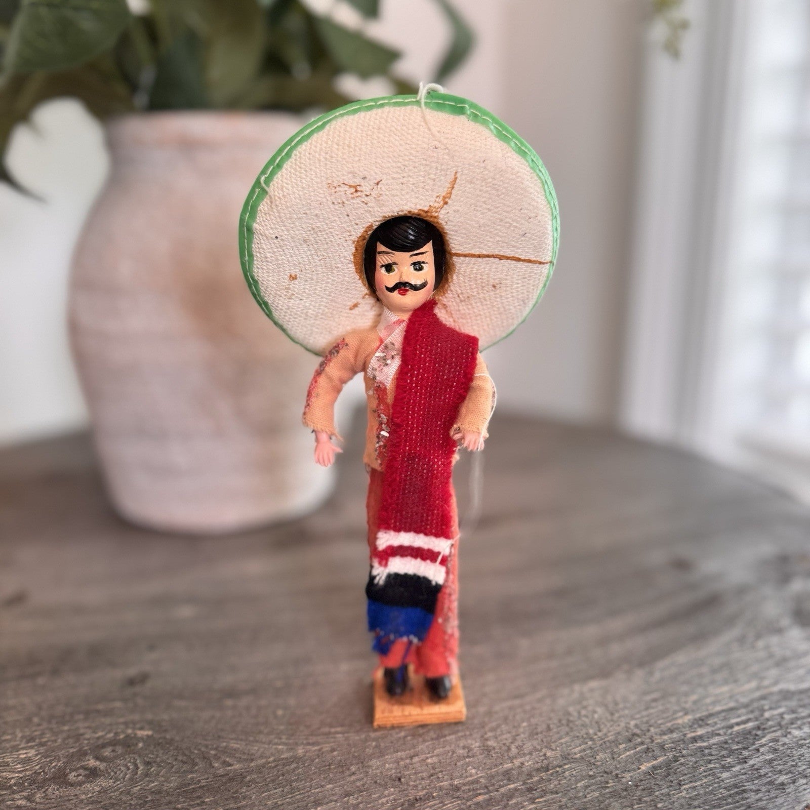 Vintage Mexican Souvenir Doll Mariachi Charro 7.5" Sombrero Serape Wood Base