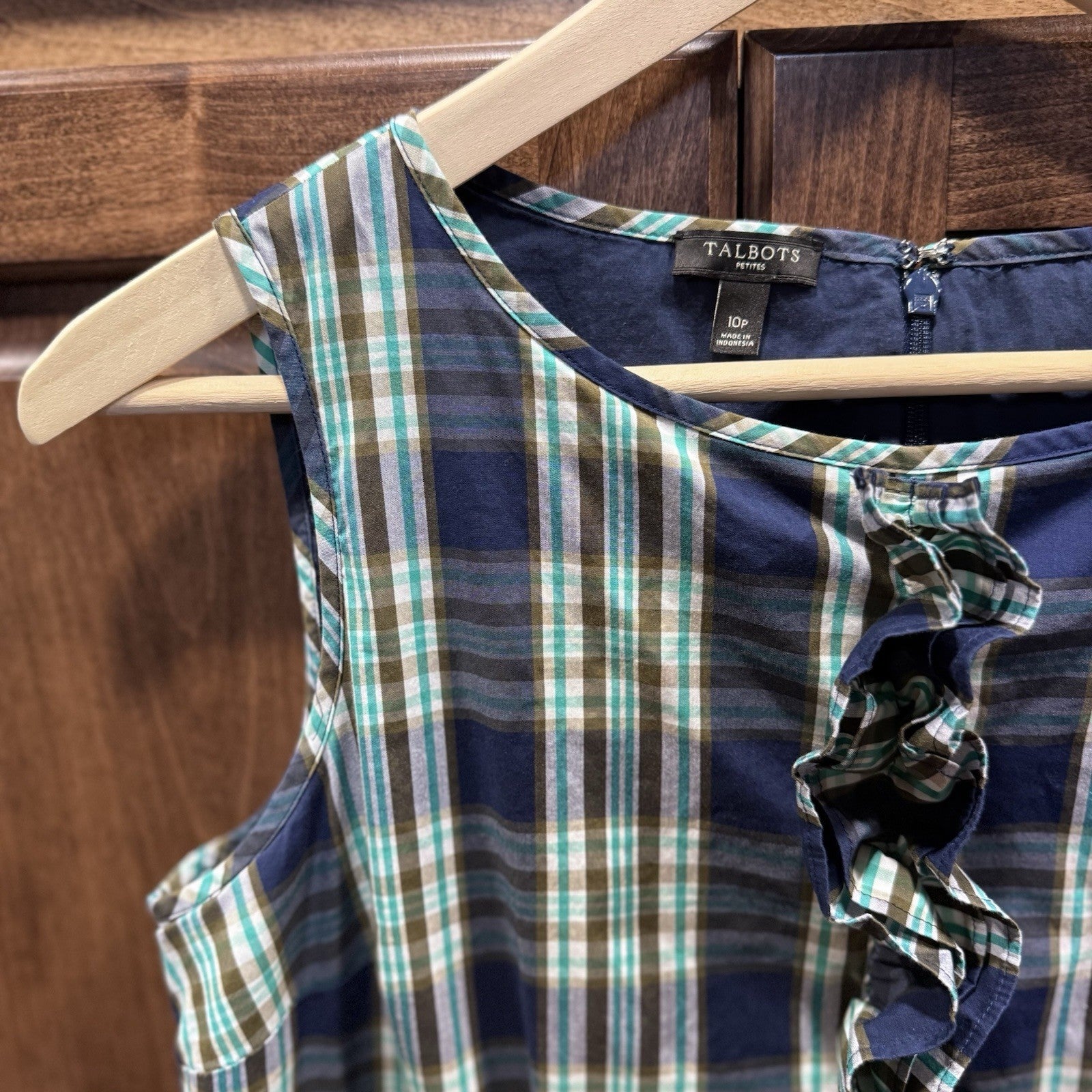 Talbots Petites 10P Sleeveless Plaid Dress Ruffle Front Blue Green 