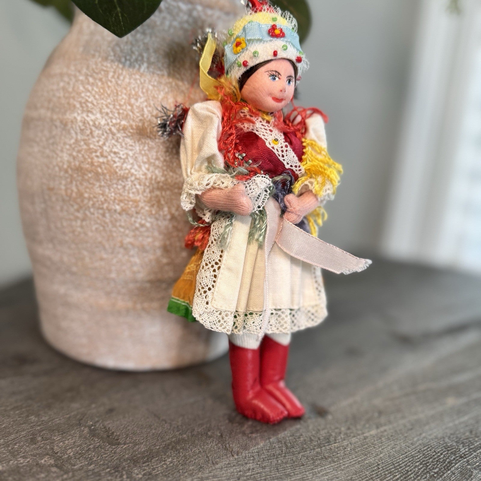 Vintage Eastern European Folk Doll 7" Cloth Costume Red Boots Polish Hungarian