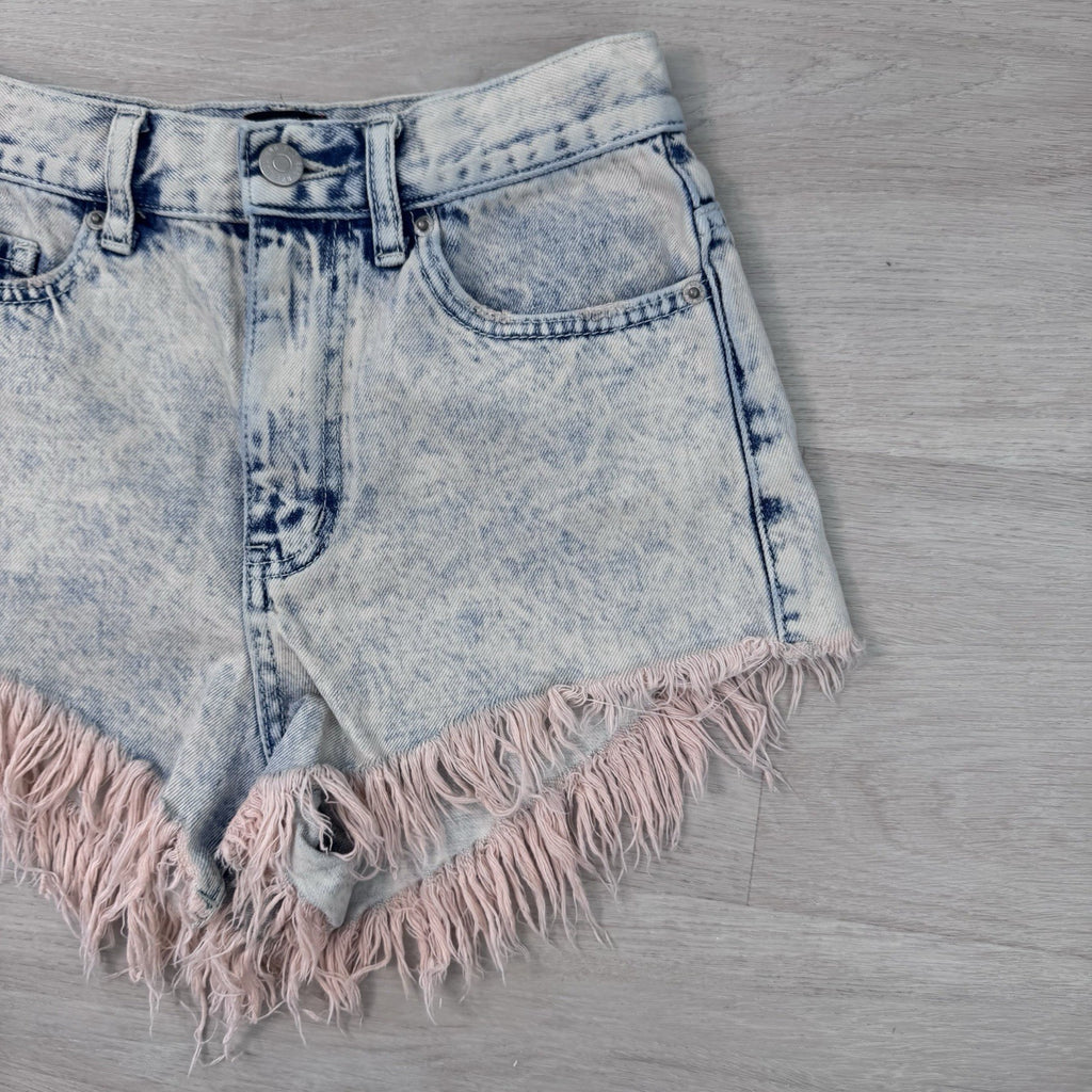BDG Urban Outfitters High Rise Cheeky Pink Fringe Denim Shorts Acid Wash 25 Y2K