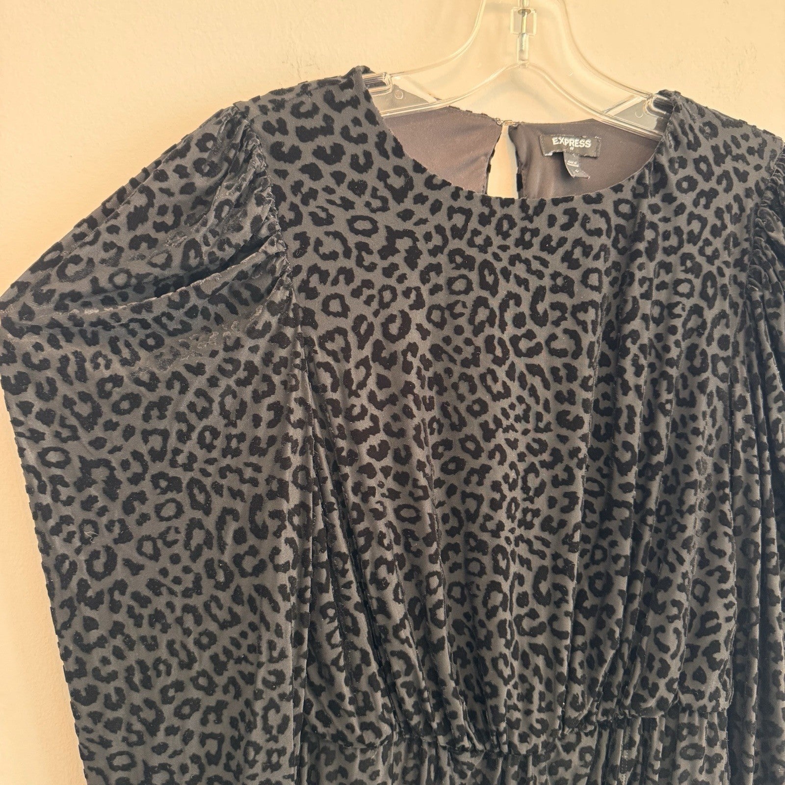 Express Women Small S Leopard Print Burnout Velvet Dress Puff Sleeve Mob Wife