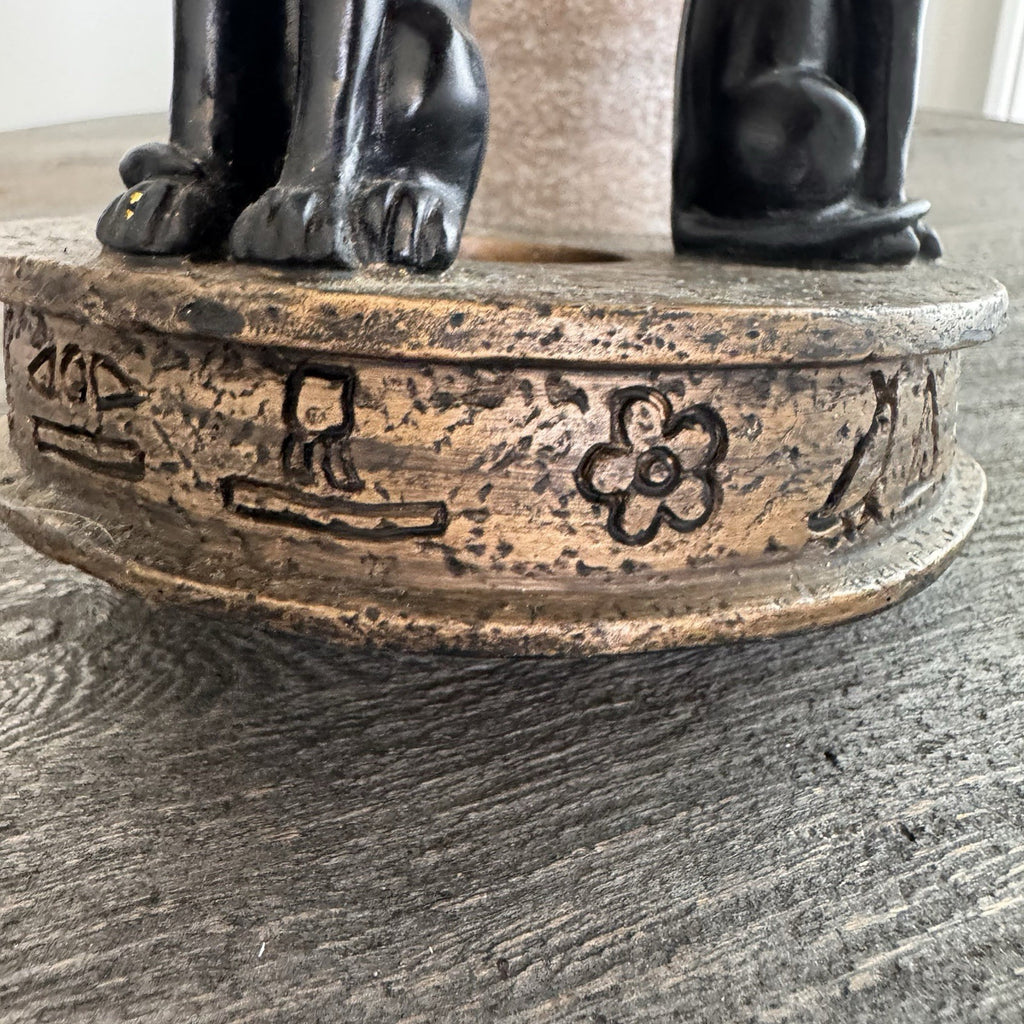 Egyptian Bastet Cat Candle Holder Trio Black Gold Resin Hieroglyphics Base