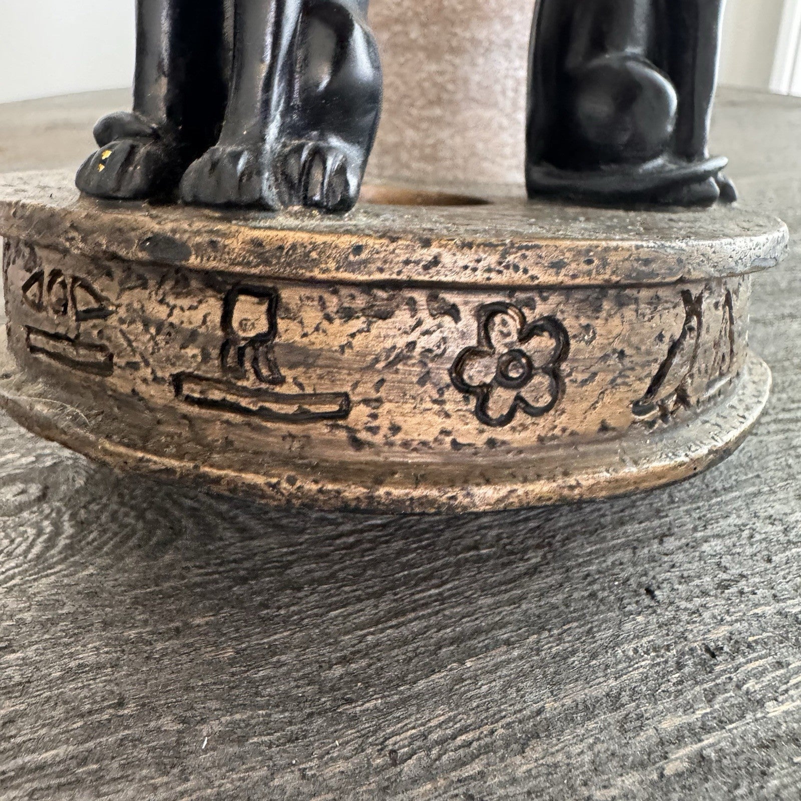 Egyptian Bastet Cat Candle Holder Trio Black Gold Resin Hieroglyphics Base