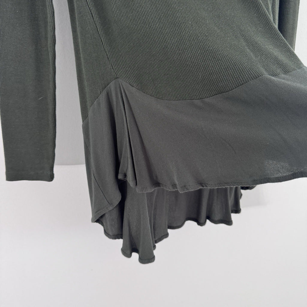 Altar'd State Women's Small Olive Green Ribbed Long Sleeve Top Ruffle Hem Tunic