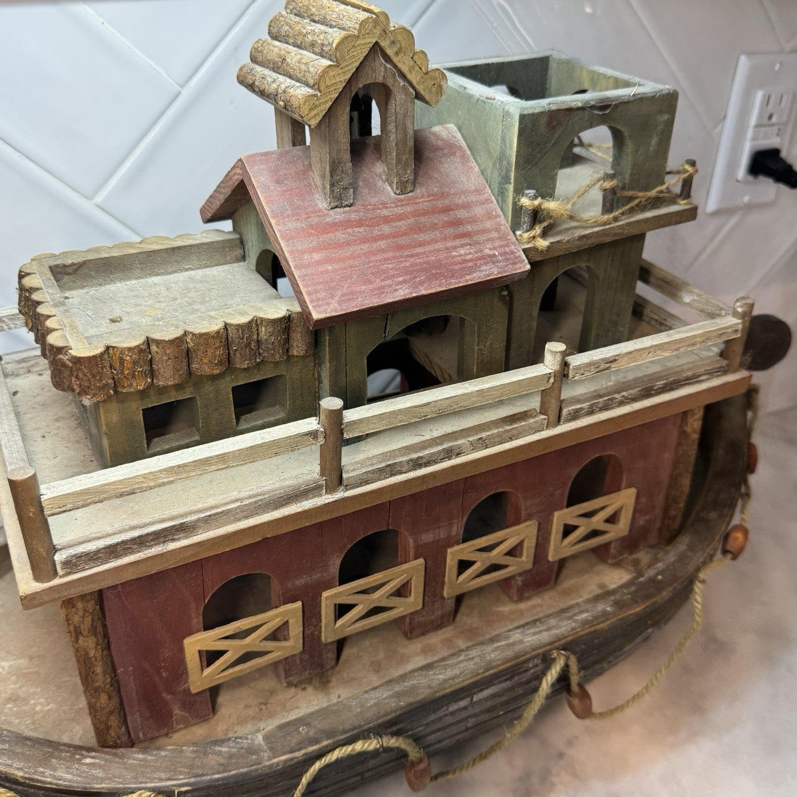 Large Wooden Noah’s Ark Boat Decor Rustic Nautical Farmhouse Shelf Display