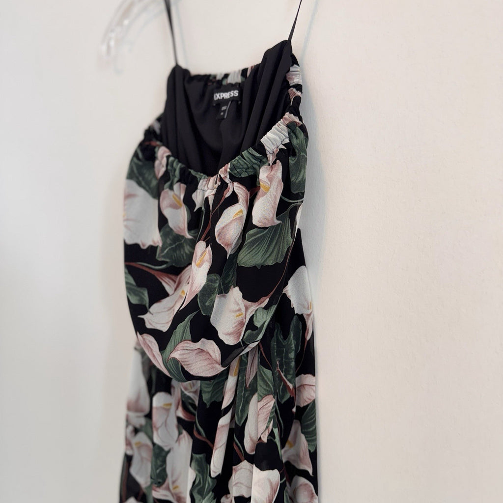 Express Black Floral Romper XS Calla Lily Print Ruffle Hem Strappy Back